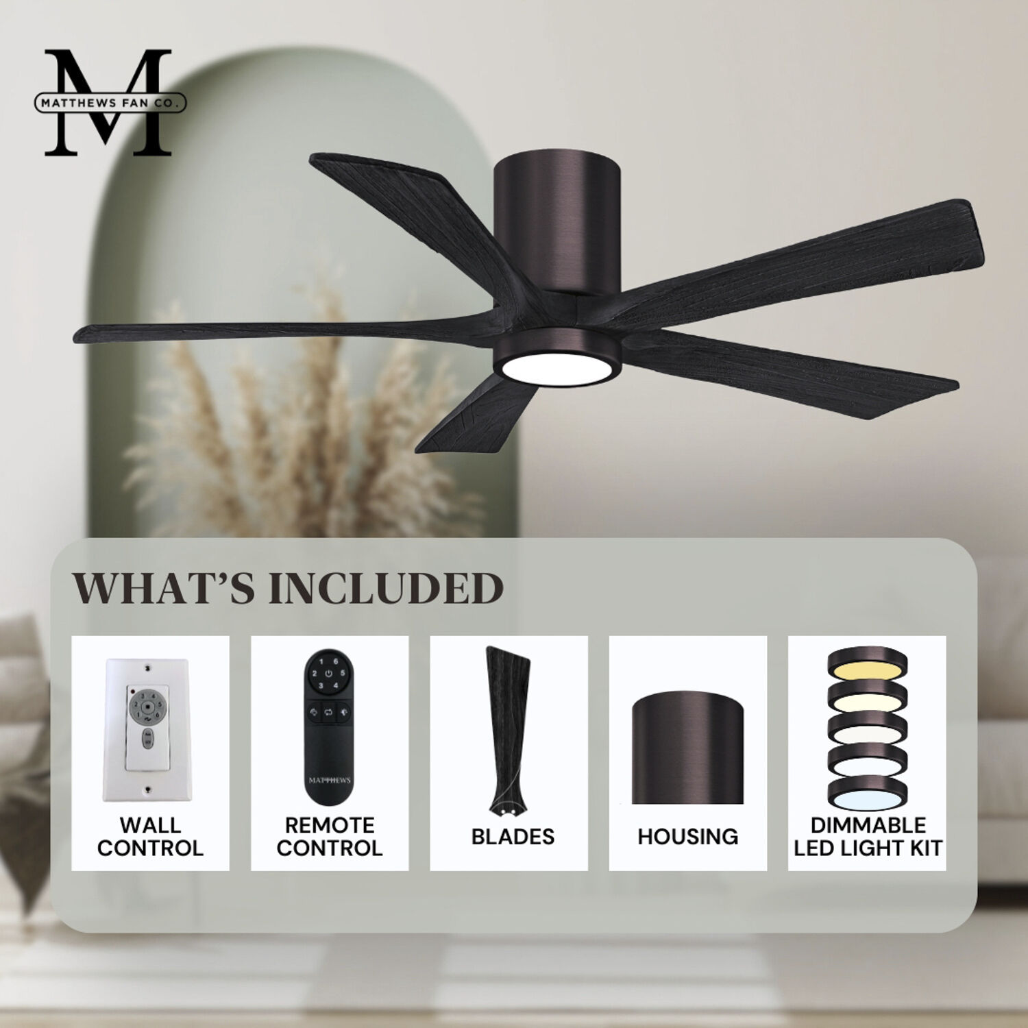 Atlas Irene-5HLK 42 inch Brushed Bronze with Matte Black Blades Flush Mount Paddle Fan, Flush Mounted